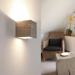 Cleoni Dimmbare Up- and Downlight Wandleuchte in Würfelform aus Eichen-Furnierholz grau 12x12 cm -Wandleuchten Verkaufsladen dimmbare upand downlight wandleuchte 1276222 cleoni 8816a1212