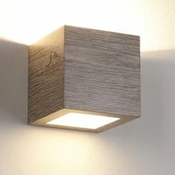 Cleoni Dimmbare Up- and Downlight Wandleuchte in Würfelform aus Eichen-Furnierholz grau 12x12 cm