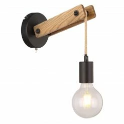 GLOBO E27 Wandleuchte aus Holz und Hanfseil matt ohne Schirm Wandlampe schwarz natur mit Schalter