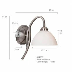Steinhauer Klassische Wandleuchte mit Schirm aus opalweißem Glas, mit Schnurschalter, silber, E27 -Wandleuchten Verkaufsladen klassische wandleuchte mit schirm 6840ST 7 steinhauer 6840st
