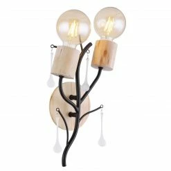 GLOBO runde E27 Wandleuchte aus Holz und Glas stäbe matt Wandschild Geäst aufwärts 2-flammige Wandlampe schwarz natur